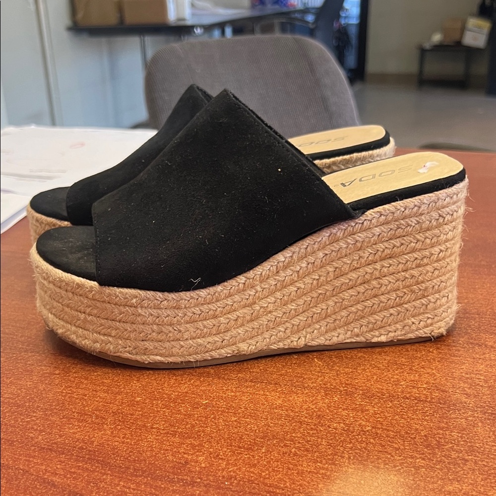 Soda Black Slip-On Espadrille Platform Wedges
